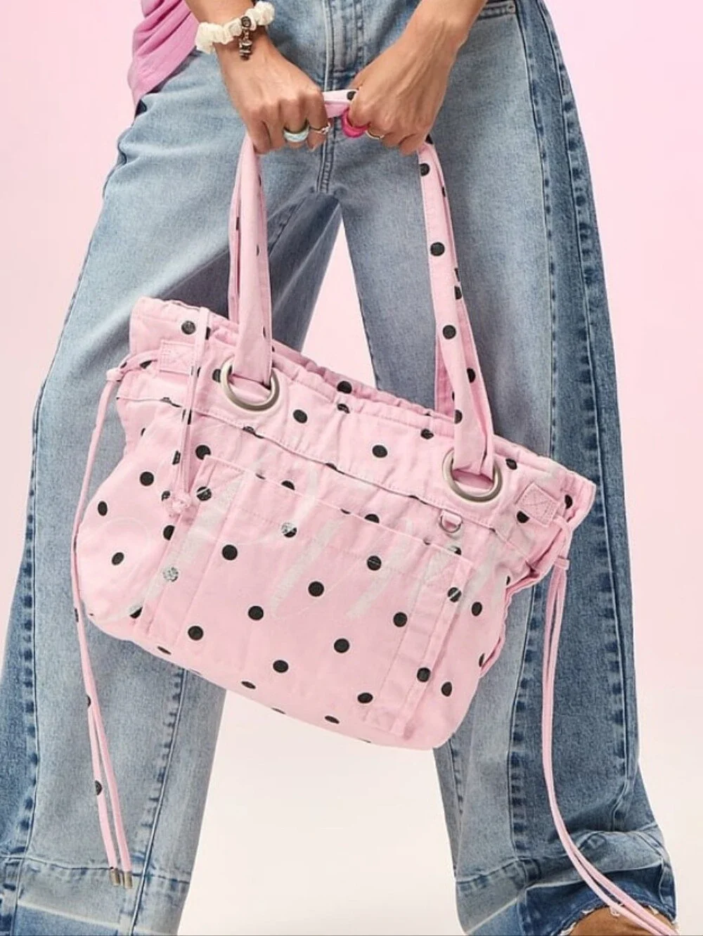 PINK Victoria's Secret Canvas Flat Bottom Tote Bag In Pink Dot NEW MSRP $69.95
